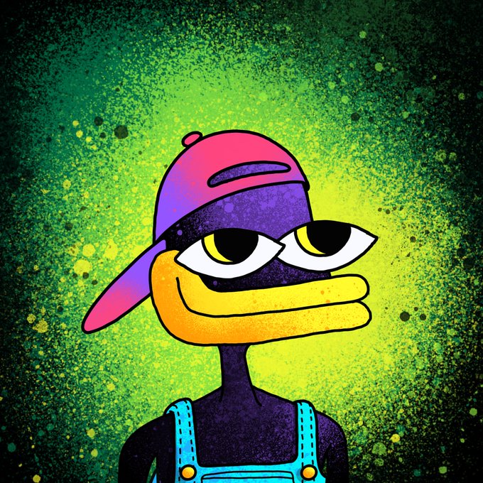 A cartoon illustration of a yellow character with a wide, elongated snout wearing a backwards pink and purple cap and blue overalls, set against a textured green and yellow background.