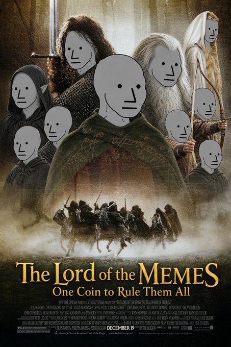 A parody movie poster titled "The Lord of the MEMES: One Coin to Rule Them All" featuring Lord of the Rings characters with the simple drawn "Wojak" faces photoshopped over their heads, dated "DECEMBER 19".