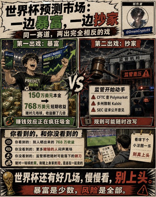 A warning infographic by @DreamCrypto99 about World Cup prediction markets, contrasting 'get rich' stories (turning $1.5M into $7.68M) with regulatory crackdowns (CFTC investigating Polymarket, SEC opinions, Kalshi restrictions), advising caution with the line '暴富是少数，风险是全部.'