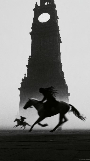 A silhouette of a person riding a galloping horse with a second rider in the distance, set against a tall, gothic clock tower and a hazy sky.