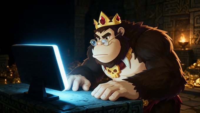 A stern-looking gorilla king, wearing a gold crown and round glasses, leans intently over a glowing laptop screen in a dimly lit treasure chamber filled with gold. The image humorously pairs with the post's "Monday morning grind" theme, inviting viewers to guess what Kong is focused on, while prompting them to comment using a specific STAKE ID.