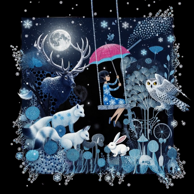 Whimsical blue-toned illustration of a girl on a swing holding a pink umbrella, surrounded by a deer, snowy foxes, an owl, and a rabbit under a moonlit starry sky.