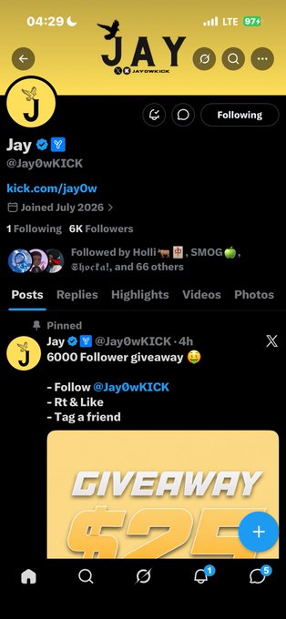 A screenshot of the Twitter/X profile for 'Jay' (@JayOwKICK), a streamer on Kick with 6K Followers, featuring a pinned post announcing a '6000 Follower giveaway' and instructions to 'Follow @JayOwKICK, Rt & Like, Tag a friend'.