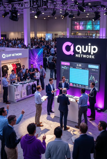A bustling trade show floor features a 'Quip Network' booth with a large digital display showing graphs and a 0:05 timer, surrounded by attendees and presenters in business attire.