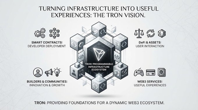 An infographic titled 'TURNING INFRASTRUCTURE INTO USEFUL EXPERIENCES: THE TRON VISION' showcases the TRON programmable infrastructure ecosystem, covering smart contracts, DeFi & assets, builders & communities, and Web3 services.
