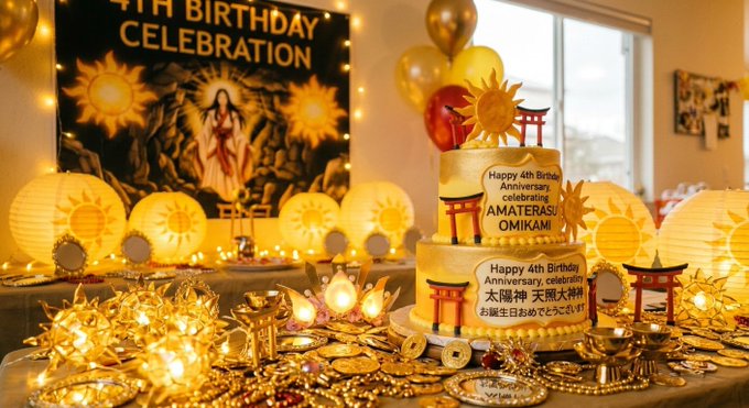 A festive birthday celebration display featuring a two-tier cake that reads 'Happy 4th Birthday Anniversary, celebrating AMATERASU/OMIKAMI' with Japanese text, surrounded by golden decorations and a '4TH BIRTHDAY CELEBRATION' banner depicting a goddess figure.