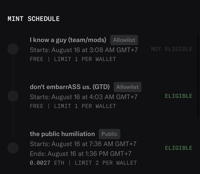 A "MINT SCHEDULE" interface showing three NFT drop phases on August 16 (GMT+7): an allowlist mint at 3:08 AM (not eligible), a GTD allowlist at 4:03 AM (eligible), and a public sale from 7:36 AM to 1:36 PM at 0.0027 ETH (eligible, limit 2 per wallet), confirming the poster's eligibility status for the @888s_Society mint.