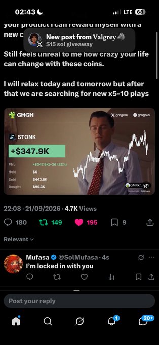 Twitter/X post from 'GMGN' showing $STONK token at $347.9K with a trading chart, alongside a separate reply from 'Mufasa' (@SolMufasa) saying 'I'm locked in with you'.