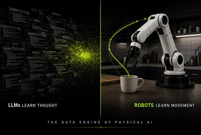 A split graphic illustrating AI concepts: the left side shows code and data labeled 'LLMs LEARN THOUGHT', while the right shows a robotic arm with a green trajectory arc over a coffee mug, labeled 'ROBOTS LEARN MOVEMENT', with the tagline 'THE DATA ENGINE OF PHYSICAL AI'.