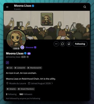 A screenshot of the X (formerly Twitter) profile page for "Moona Lisas" (@moona_lisas), a verified account with 130K followers, described as "An icon in art. An icon onchain." and featuring the tagline "Moona Lisas on Robinhood Chain. Art is the utility," illustrated with a Mona Lisa parody where museum-goers hold up phones to photograph her. The post highlights the account as an early NFT project bringing iconic art onchain.