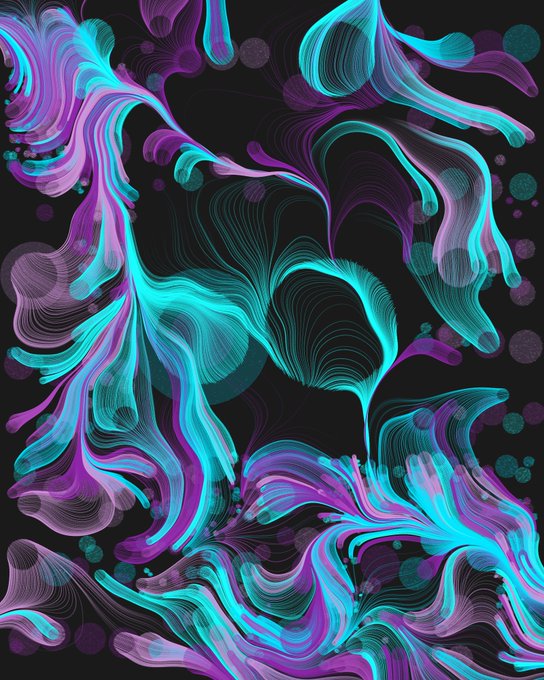 An abstract digital artwork featuring flowing, fluid-like patterns in vibrant shades of cyan, purple, and pink against a black background, with scattered circular accents.