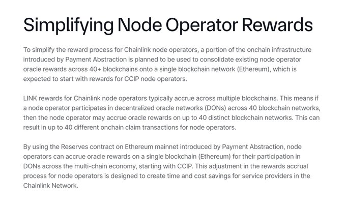 The image shows a white document with black text that reads "Simplifying Node Operator Rewards" followed by a list of terms and conditions for receiving payments from the node operator. The text also includes information about the reserves, which are separate from the main payment terms.