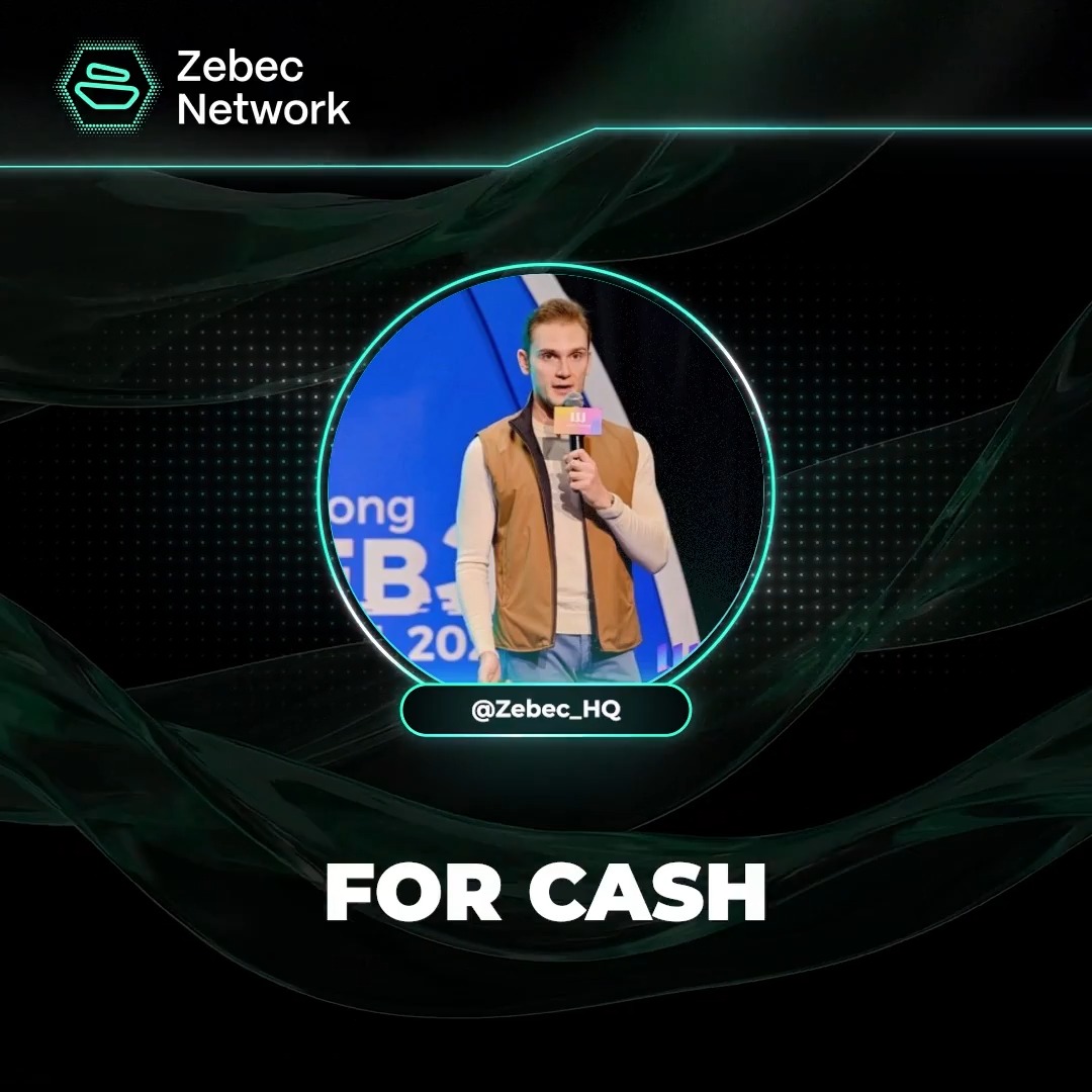 A promotional graphic from Zebec Network features a circular photo of CEO Simon Bowler (@Zebec_HQ) speaking at a podium, with the bold tagline "FOR CASH" displayed below, highlighting the brand's partnership with MoneyGram to enable workers to convert stablecoin payroll into real-world cash.