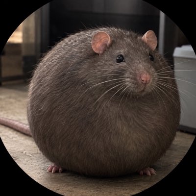 A very round, fluffy grey rat sitting on a surface, viewed through a circular lens effect.