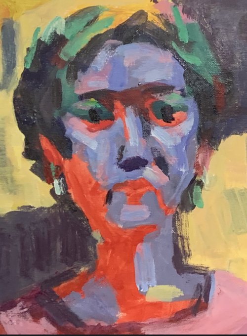 An expressive, colorful portrait painting of a person featuring bold, painterly brushstrokes in vibrant purples, greens, reds, and yellows.