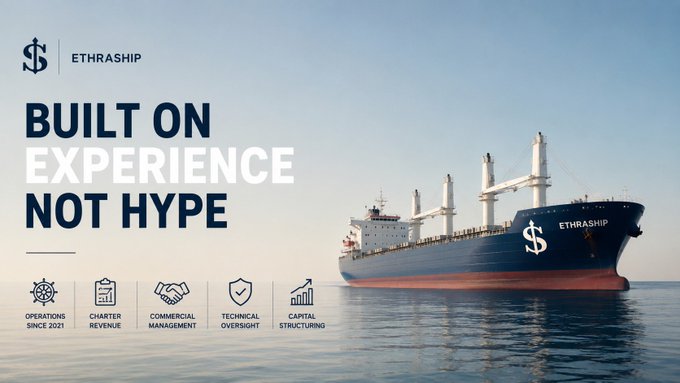 An advertisement for "ETHRASHIP" with the slogan "BUILT ON EXPERIENCE NOT HYPE," featuring a large cargo ship on the ocean and icons for Operations, Charter Revenue, Commercial Management, Technical Oversight, and Capital Structuring.