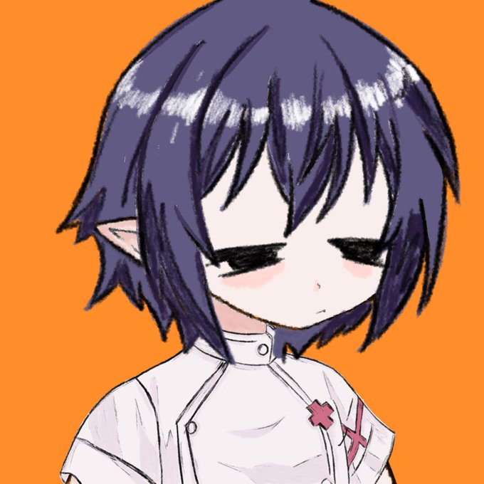 An anime-style illustration of a character with short purple hair, closed eyes showing long lashes, wearing a white outfit with pink cross details, set against an orange background.