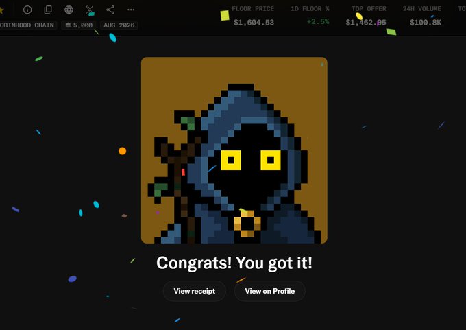 A pixel art NFT image of a hooded grim reaper figure with glowing yellow eyes appears on a marketplace screen with a 'Congrats! You got it!' message, showing a floor price of $1,604.53 (+2.5%), top offer of $1,402.05, and 24-hour volume of $100.8K.