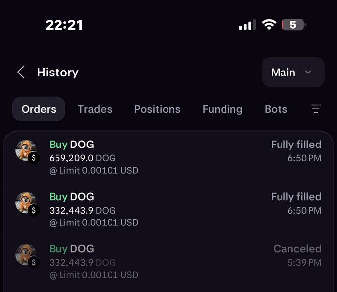 A screenshot of a cryptocurrency trading app showing the order history, with two fully filled orders to 'Buy DOG' and one canceled order.
