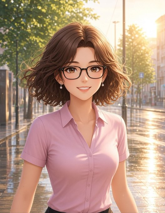 An anime-style illustration of a smiling young woman with short brown curly hair, glasses, and a pink button-up shirt standing on a sunlit street.