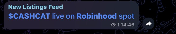 A dark notification card with blue text reads "New Listings Feed" and "$CASHCAT live on Robinhood spot" with an eye icon and "11446" displayed below.