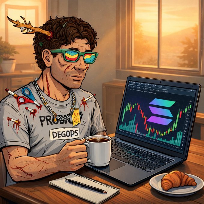 A cartoon-style illustration of a chaotic-looking man with antlers, sunglasses, blood-stained shirt, and a 'DEGOPS' badge, sitting at a table with coffee, a croissant, and a laptop showing the Solana (SOL) logo and trading charts.