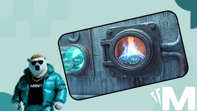 A promotional graphic shows a stylized bear character wearing sunglasses and a teal jacket with 'MINT' text, alongside a phone displaying circular emblems with 'M' logos set in icy and fiery industrial frames.