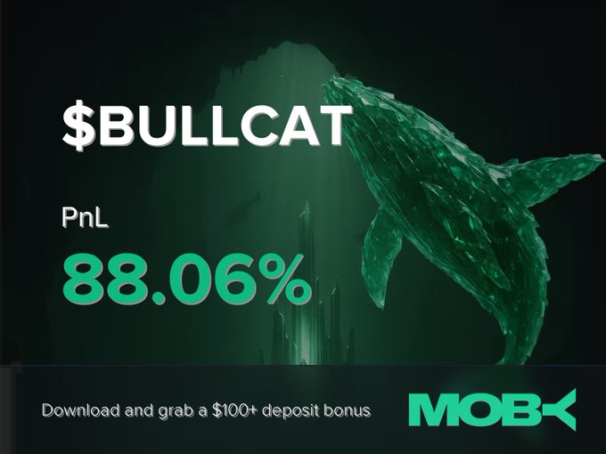 A promotional graphic for $BULLCAT on Moby Mobile showcasing a trader's win alert with an impressive PnL of +88.06%, featuring a green whale illustration and an underwater aesthetic that visually reinforces the "win" achievement. The bottom banner invites viewers to download the app and claim a $100+ deposit bonus.