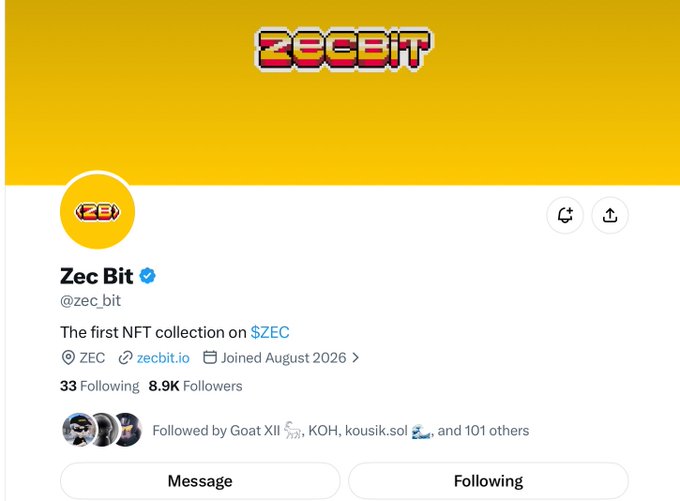 A profile page for Zec Bit (@zec_bit) on X, describing it as 'The first NFT collection on $ZEC,' with 8.9K followers, 33 following, and a joined date of August 2026.