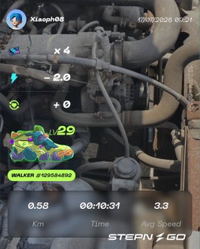 A Snapchat-style AR overlay shows user "Xiaoph08" running 0.58 km in 10:31 at 3.3 km/h, with a colorful animated Walker NFT sneaker (#129584852) and "+29" energy points, set against the backdrop of a car's engine bay—matching the post about going out shopping on a hot day while earning STEPN GO rewards.
