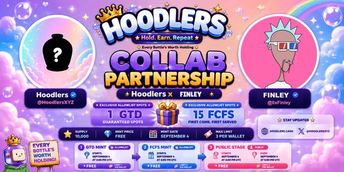 A vibrant, pastel-colored promotional graphic for a "Hoodlers × Finley" collab giveaway, featuring cartoon avatars of both projects, an offer of 1 GTD spot and 15 FCFS spots (freemint), and event times for September 4 (2–5 PM UTC) with entry rules to follow, like, repost, and drop an EVM wallet.