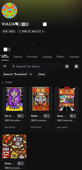 A Vulcan NFT marketplace screenshot showing a user profile with 1 public wallet (FEB 2022) displaying 4 SBE Exclusive items, including 'On A...', 'Hello...', 'Gum...', and 'Snac...', all marked as 'Not listed'.