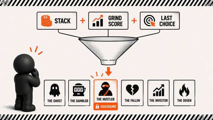 An infographic showing a funnel that combines "STACK," "GRIND SCORE," and "LAST CHOICE" to assign personality archetypes, with "THE HUSTLER" (Soulbound) selected among options like "THE GHOST," "THE GAMBLER," and "THE DEGEN."