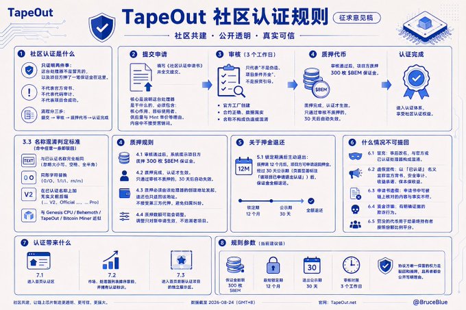 This infographic outlines the TapeOut community certification rules, detailing a seven-step process—from application submission and review to staking 300 $BEM and receiving certification—with key requirements including project source code being 100% original and open-source, and governance constraints preventing false certifications.