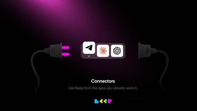 A dark-themed graphic features two cables with the left plug glowing magenta connecting to a central display showing the Telegram, Claude, and ChatGPT logos, captioned "Connectors - Use Beep from the apps you already work in." Below appears a colorful "Beep" logo, illustrating the post's message that the Beep Agent integrates with Telegram, Claude, and ChatGPT.