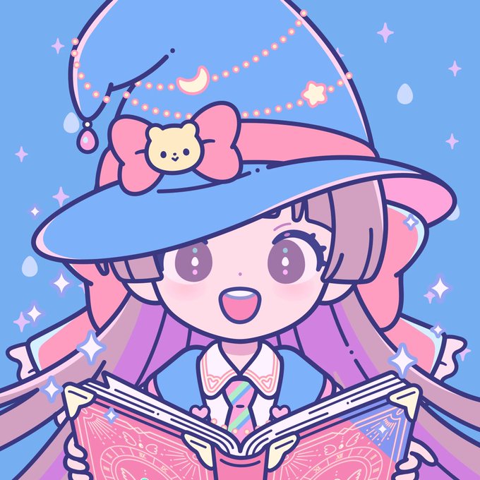 A kawaii-style illustration of a cute anime character wearing a blue witch hat with a pink bow and teddy bear decoration, holding an open magical book with sparkles around her.