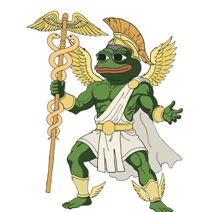 An illustration depicts a Pepe the Frog character styled as a Greek/Roman god, wearing a white toga, golden winged helmet, and boots, holding a caduceus staff with golden wings and serpents.