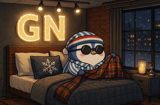 A cartoon penguin wearing a striped nightcap, sunglasses, and scarf tucked into bed under a plaid blanket, with glowing 'GN' marquee letters on the wall and a snowy city view through the window.