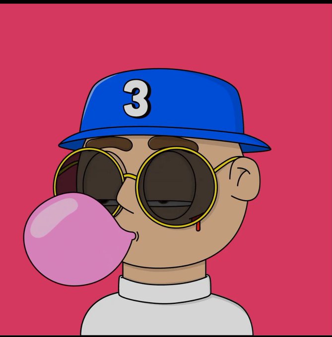 A cartoon character wearing a blue baseball cap with the number '3', large round sunglasses, and blowing a pink bubblegum bubble against a solid red background.