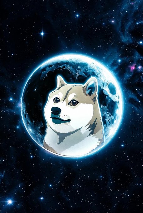 A stylized illustration of a Shiba Inu dog, the iconic mascot of Dogecoin, is centered within a glowing full moon set against a starry cosmic background with blue nebulae.