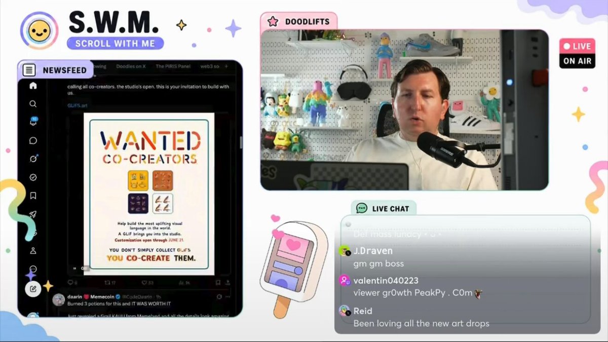 The image shows a computer screen displaying an online chat window with a man talking into a microphone, possibly participating in a discussion about art. The chat window has a list of wanted co-creator ideas posted below it, which includes concepts like "valentine's day" and "locker room". There are also other posts on the chat window related to various topics such as "newsfeed", "newswire", and "air". The image is accompanied by a caption that reads: "What @EfdotStudio is doing with glifs is a really fun and engaging example of community co-creation."