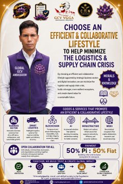 A promotional flyer for GCV Vega features a man in a purple vest alongside text promoting an 'EFFICIENT & COLLABORATIVE LIFESTYLE' and 'CRYPTOBINANCE' investment opportunities.
