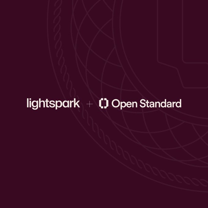 The image features a dark maroon background with subtle geometric line patterns, displaying the white text "lightspark + Open Standard" centered on the canvas. It serves as a promotional graphic for Lightspark's partnership with Open Standard (likely referring to Open USD), visually reinforcing the post's announcement about their collaboration and commitment to expanding fiat network reach and stablecoin support.