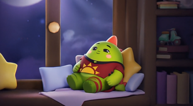 A green cat-like character wearing a red hoodie sits cozily among star-shaped pillows by a window under a night sky, evoking a peaceful sleep scene. This aligns with the post's theme of protecting sensitive health and sleep data, as the app @sleepagotchi appears to offer a privacy-focused, gamified approach to tracking sleep patterns and lifestyle habits.