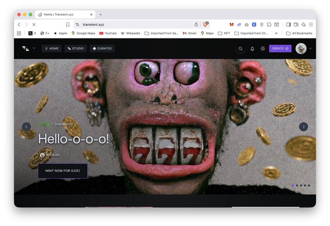 Screenshot of a web browser showing the Transient.xyz NFT platform, featuring a grotesque 3D-rendered face with gold teeth and gold coins, with 'Hello-o-o-o!' text and a 'MINT NOW FOR 0.03' button.