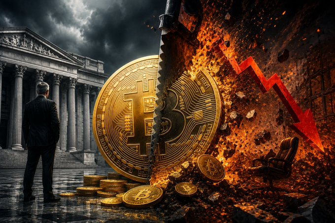 A dramatic digital illustration showing a split scene: on the left, a businessman facing a courthouse with a golden Bitcoin; on the right, a crumbling scene with a red downward arrow indicating Bitcoin's market crash.