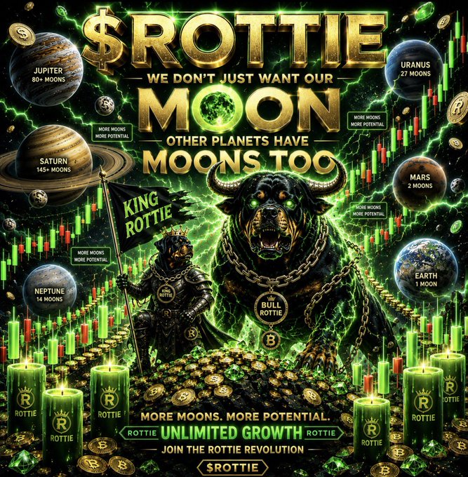 A vibrant green and gold crypto promotional graphic for '$ROTTIE' featuring a knight with a 'KING ROTTIE' flag beside a fierce chained dog, surrounded by planets labeled with their moon counts (Jupiter 80+, Saturn 145+, Uranus 27, Neptune 14, Mars 2, Earth 1) and the slogan 'WE DON'T JUST WANT OUR MOON, OTHER PLANETS HAVE MOONS TOO — MORE MOONS, MORE POTENTIAL.'