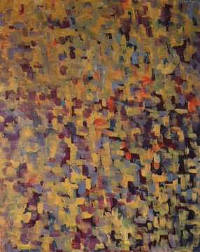 An abstract pointillist or mosaic-style painting composed of countless small blocks of yellow, orange, red, purple, and blue tones.
