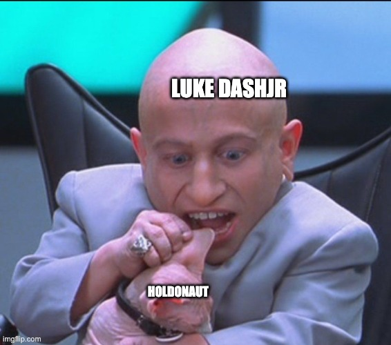 The image is a meme using the well-known "Mini Ladd freaked out eating a finger" template, with the text "LUKE DASHJR" labeled at the top and "HOLDONAUT" at the bottom, mocking Bitcoin Core developer Luke Dashjr by comparing him to someone nervously gnawing on their own hand. It fits the post's context as an example of low-effort, personal-attack meme content that the poster finds beneath them.