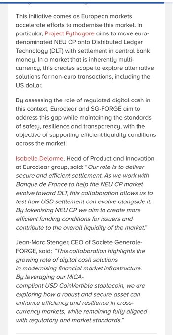 A text excerpt discussing Euroclear and SG-FORGE's collaboration on modernizing European markets through DLT-based settlement, mentioning key figures Isabelle Delorme (Head of Product and Innovation at Euroclear) and Jean-Marc Stenger (CEO of Societe Generale-FORGE), along with references to Project Pythagore and the MICA-compliant USD CoinVertible stablecoin. The image relates to the accompanying post highlighting Euroclear and SG-FORGE's partnership alongside Ripple, Stellar, and Canton blockchain initiatives.